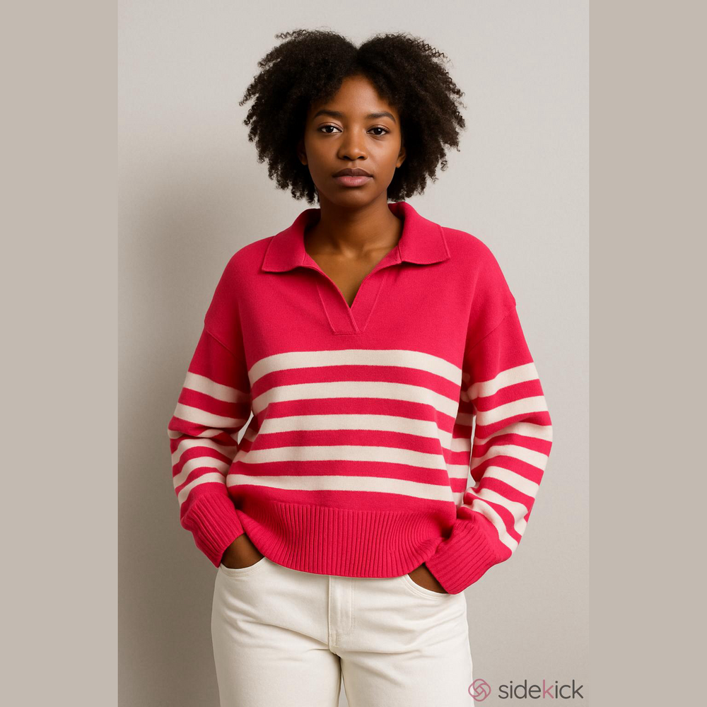Chic Pink and White Striped V-Neck Sweater